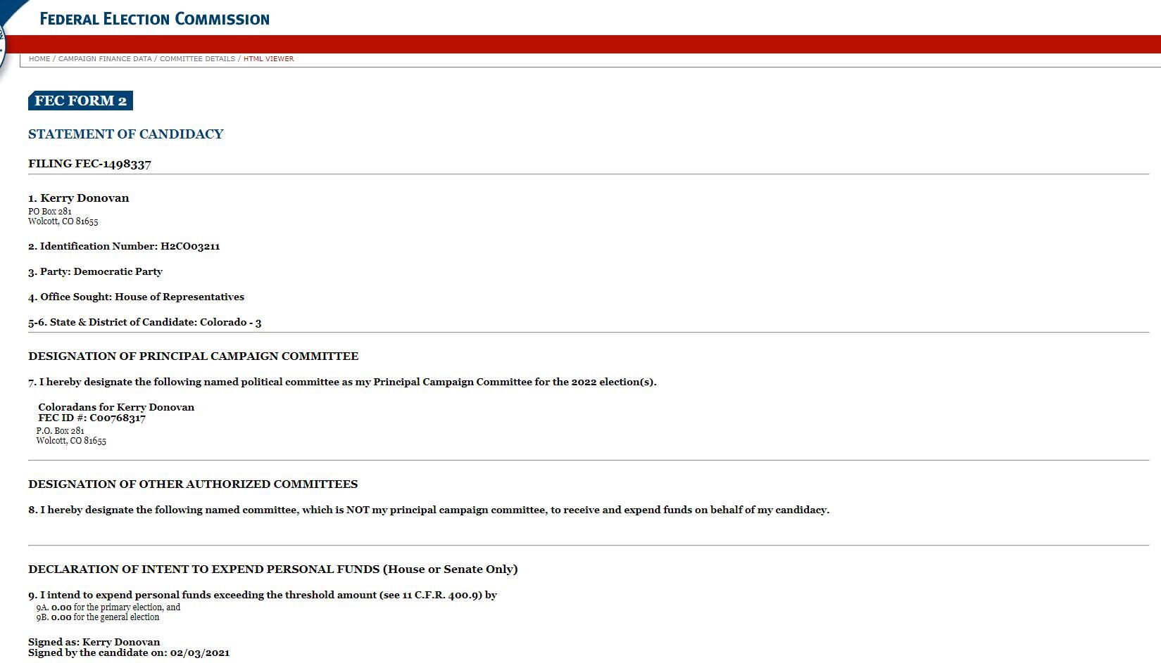 Kerry Donovan's FEC filing for 3rd CD